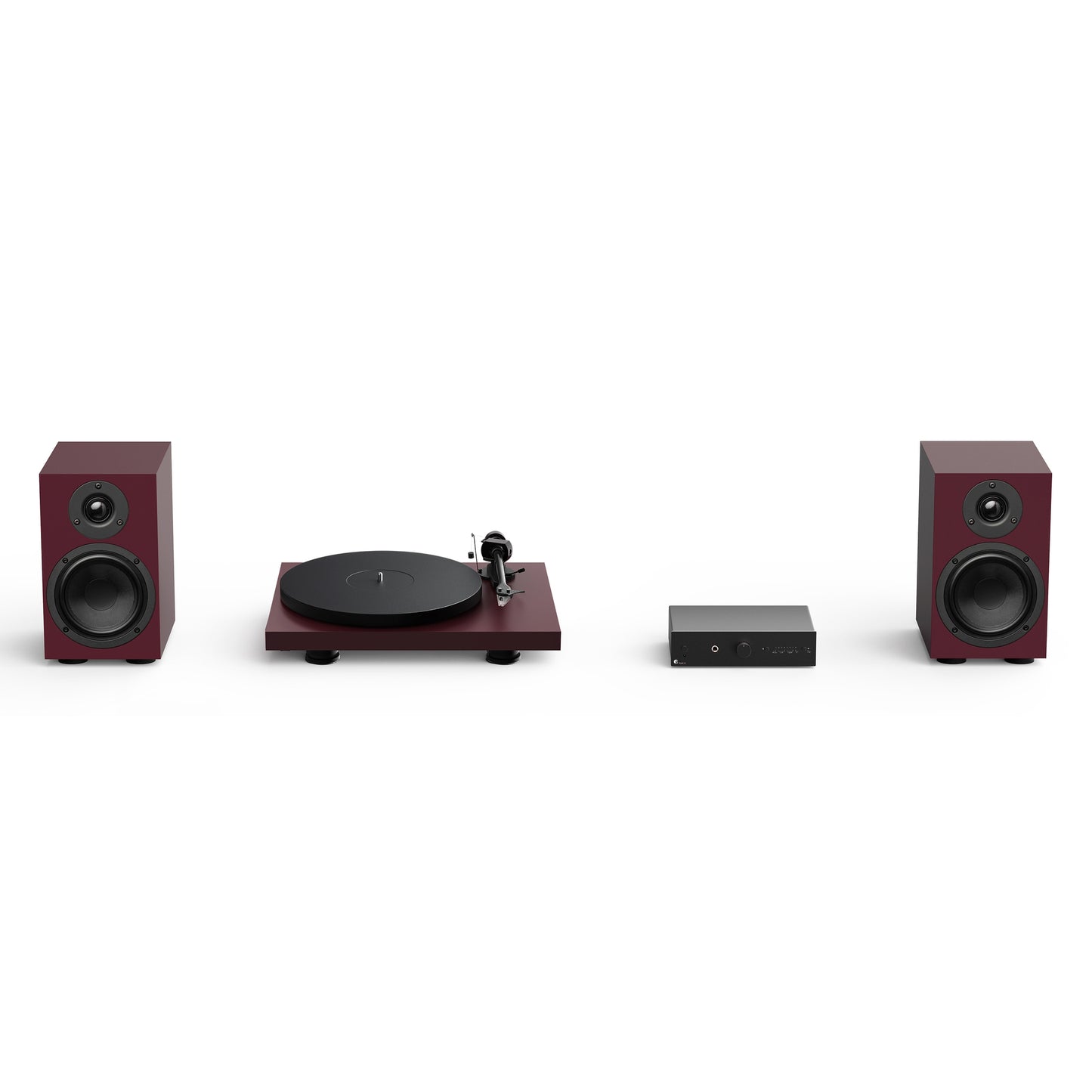 Audio equipment set with speakers and a turntable on a white background