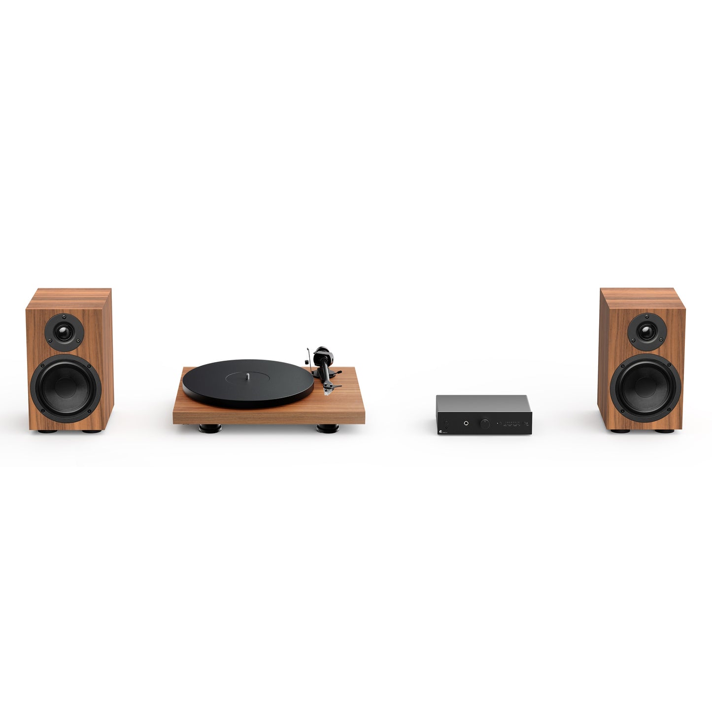 Audio equipment set with speakers and a turntable on a white background