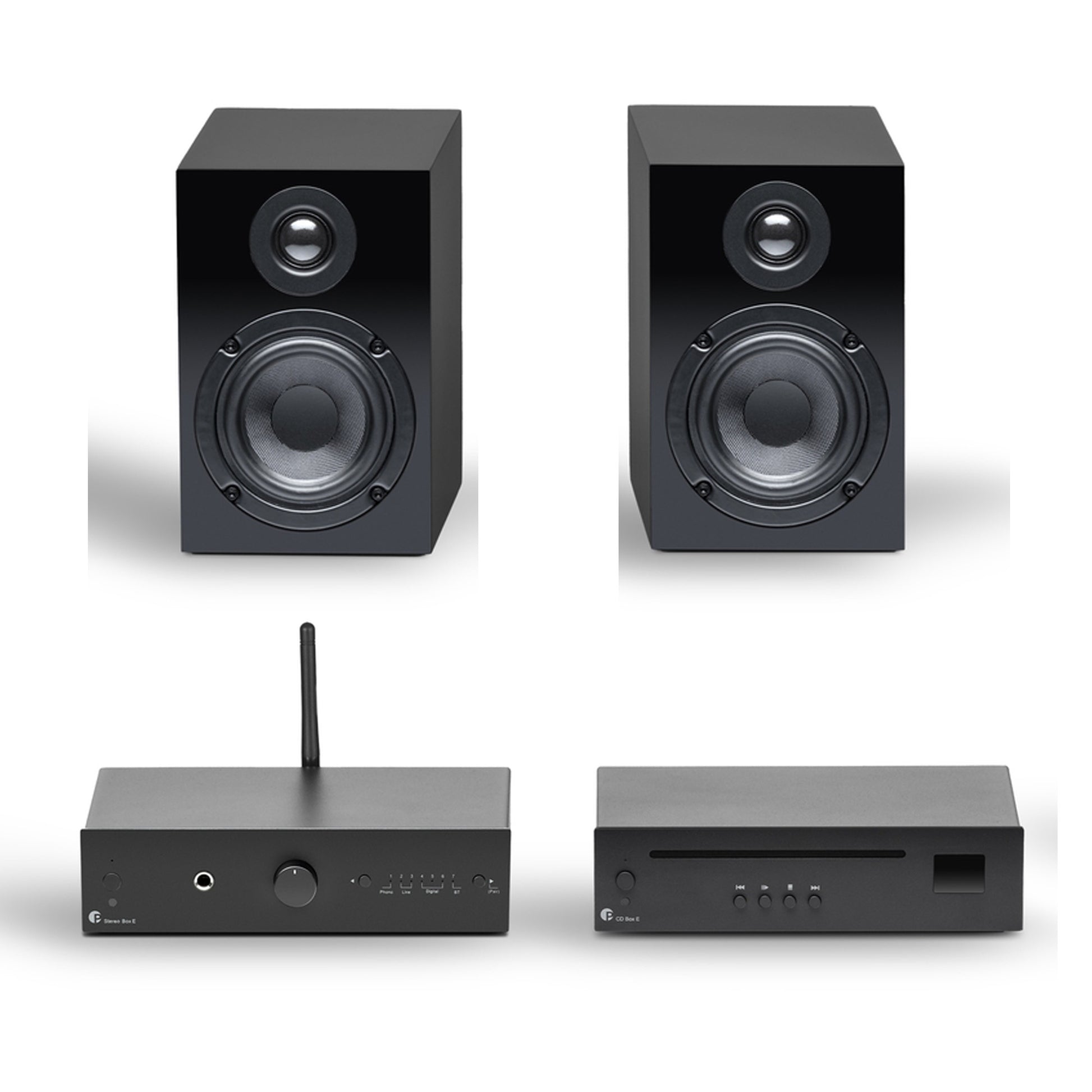 Set of black speakers and audio components on a white background