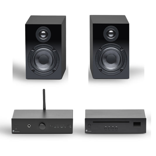 Set of black speakers and audio components on a white background