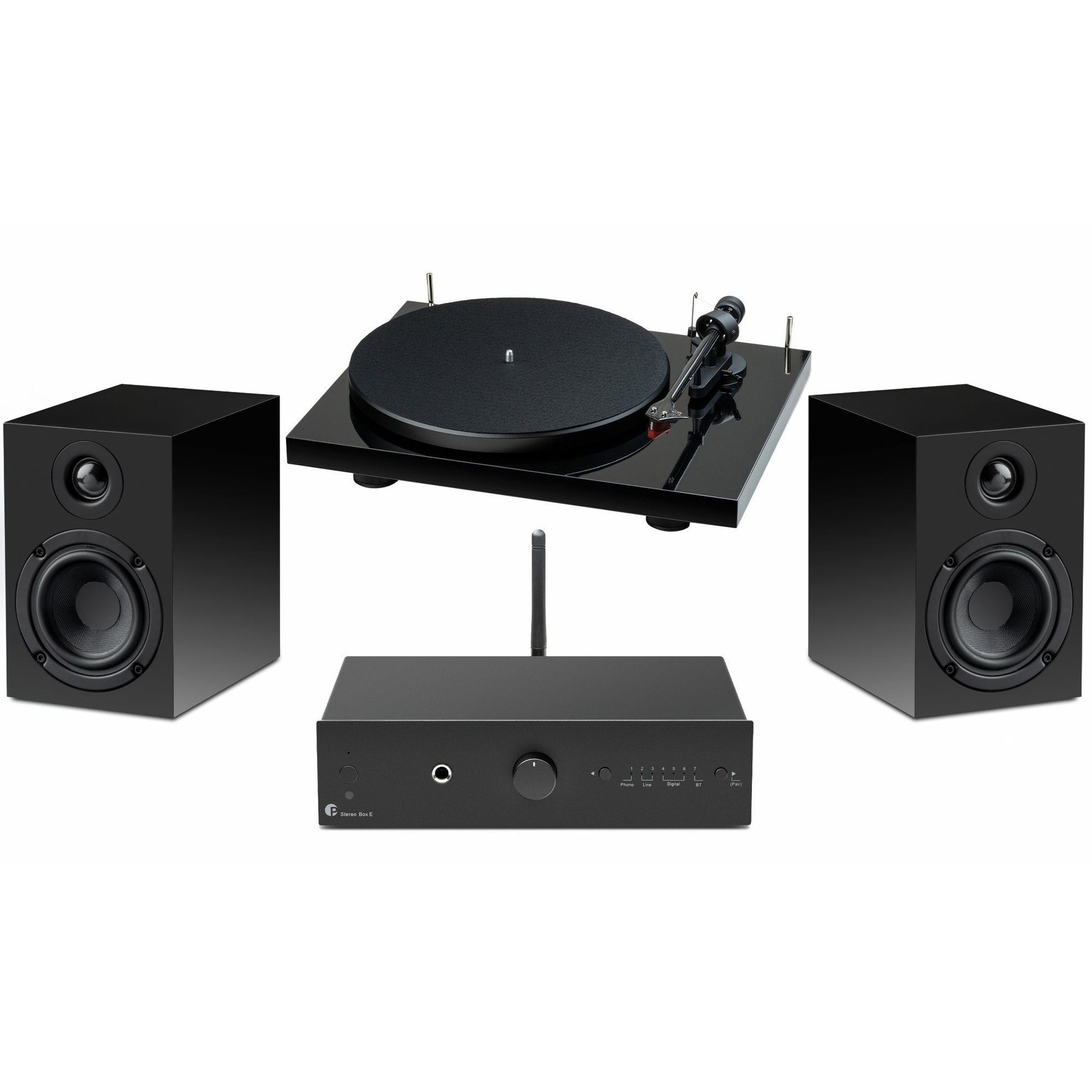 Black turntable with speakers on a white background
