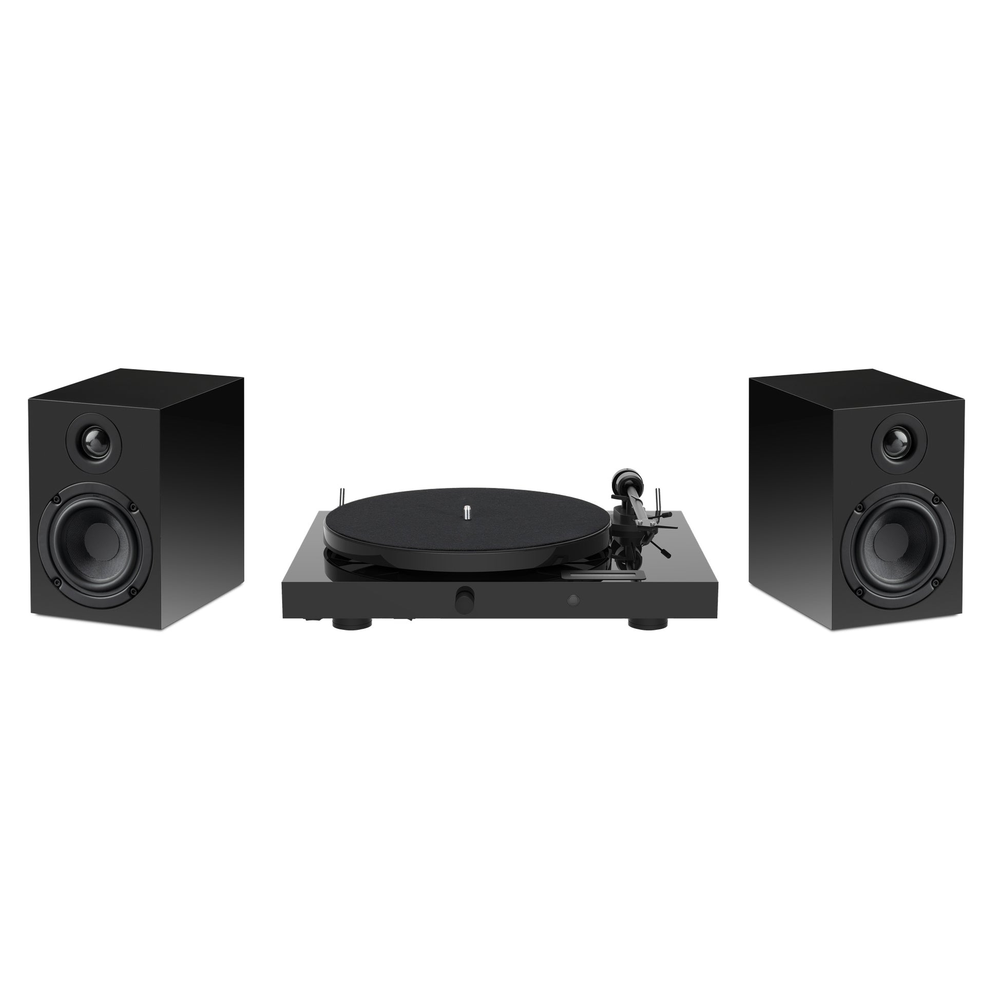 Pro-Ject Juke Box E1 Set with black turntable and speakers on white background
