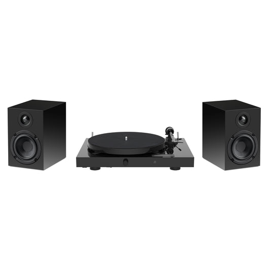 Pro-Ject Juke Box E1 Set with black turntable and speakers on white background