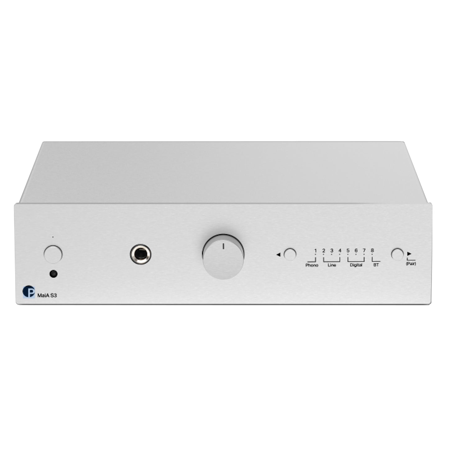 Silver audio interface with control knobs and ports on a white background