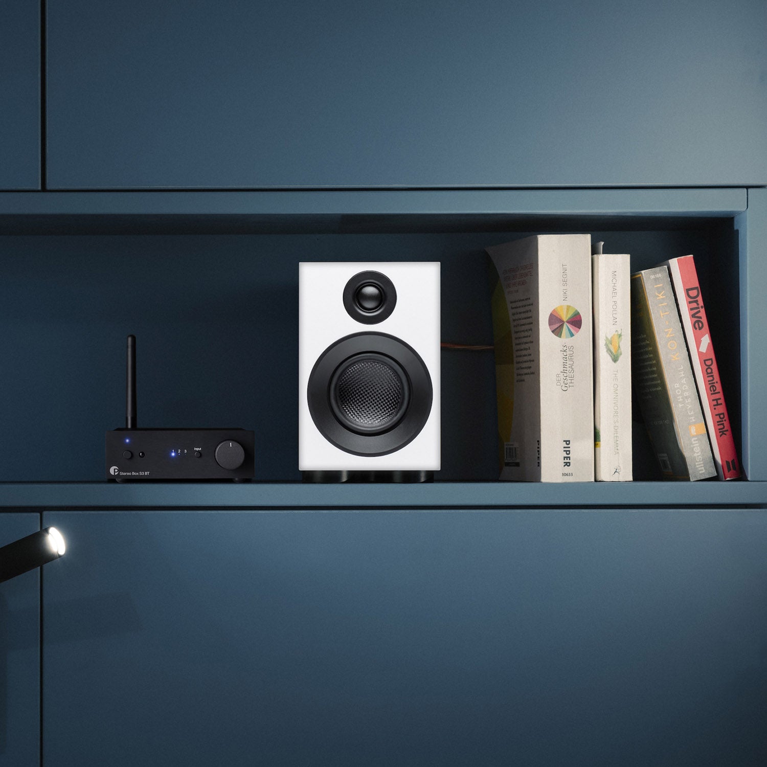 ProJect Speaker Box 3 E Carbon Speakers - Shown in white on bookshelf