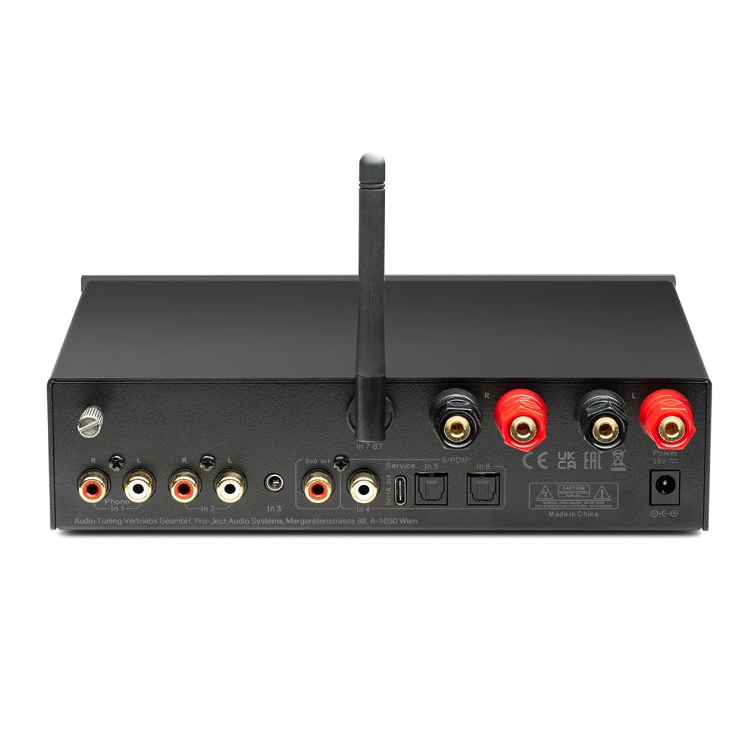 Project Stereo Box E Rear showing various connectors on a white background