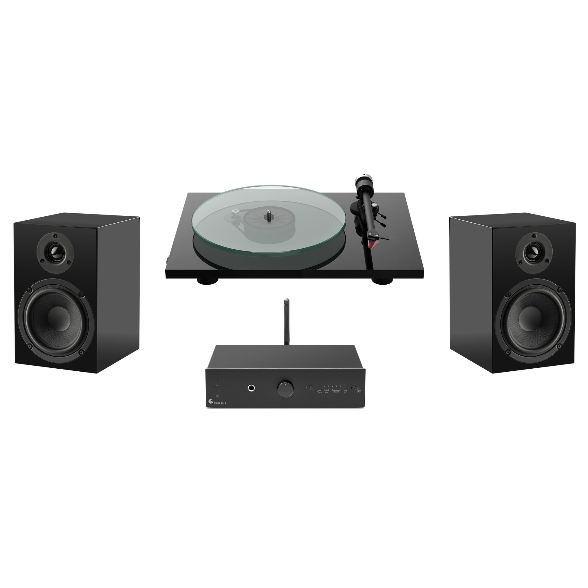 Pro-Ject T2 Super Set with black speakers, turntable and phono stage on white background