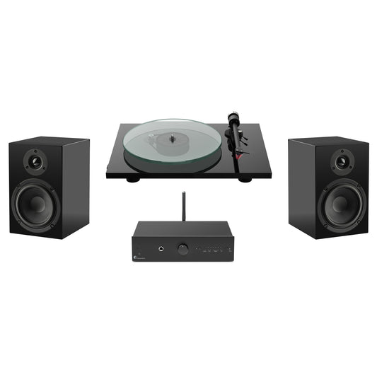 Pro-Ject T2 Super Set with black speakers, turntable and phono stage on white background