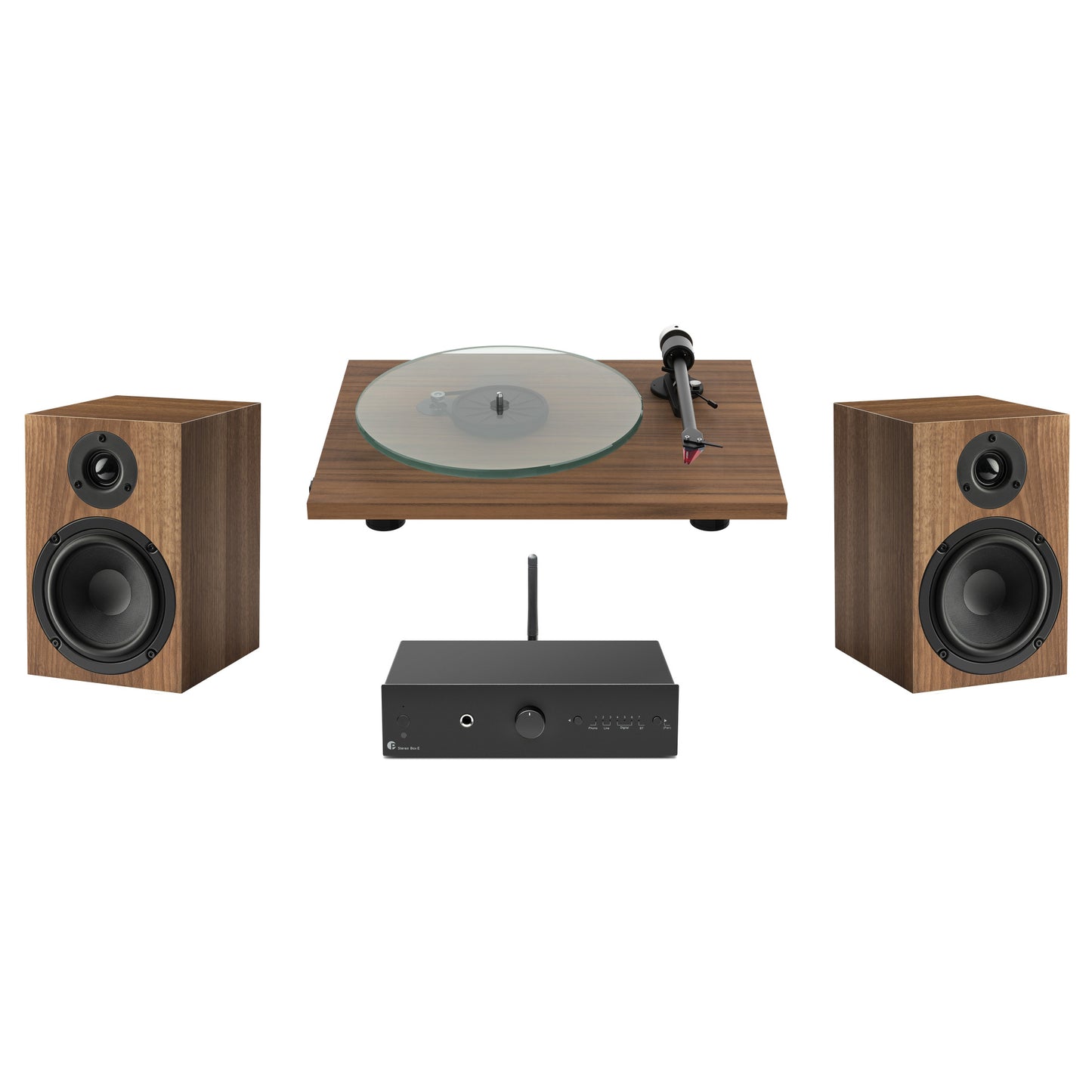 Pro-Ject T2 Super Set with walnut speakers, turntable and phono stage on white background