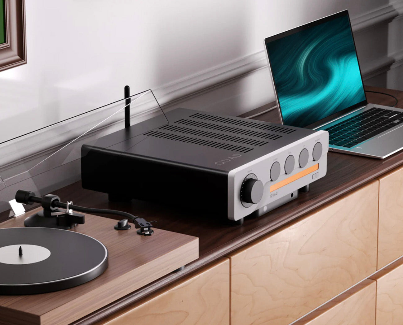 Quad 3 Integrated Amplifier - on shelf with turntable and laptop