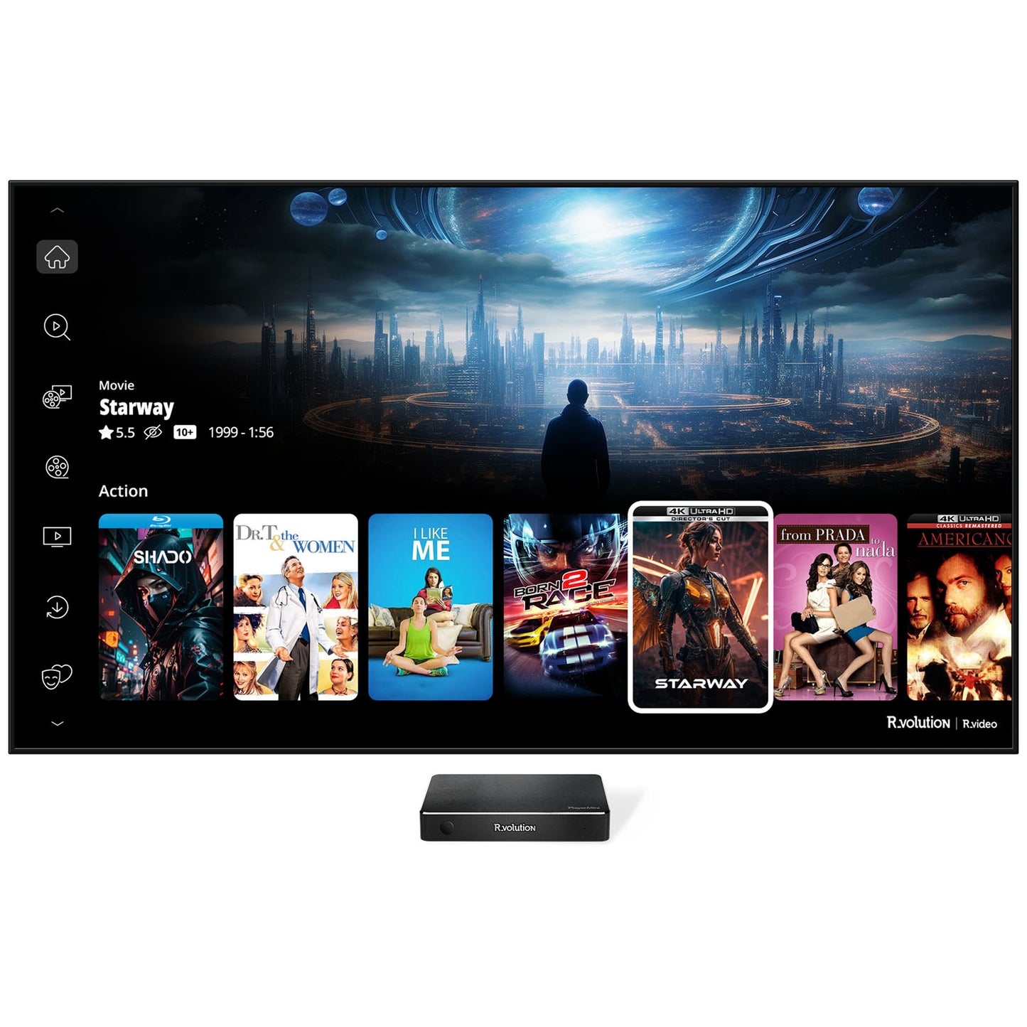 Smart TV displaying movie selection interface and a R_volution PlayerMini 4K Ultra HD Media Player on a white background