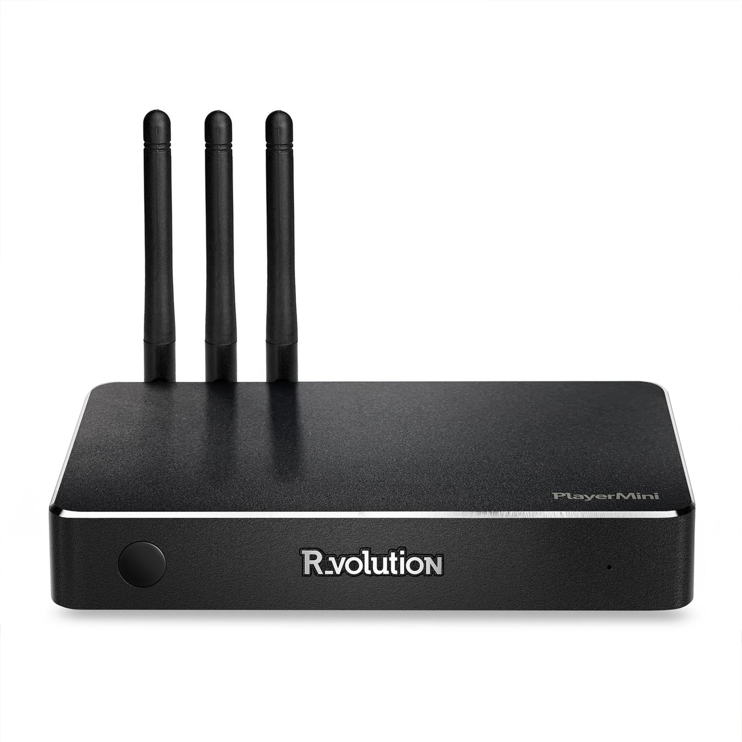 R_volution PlayerMini 4K Ultra HD Media Player with antennas on a white background