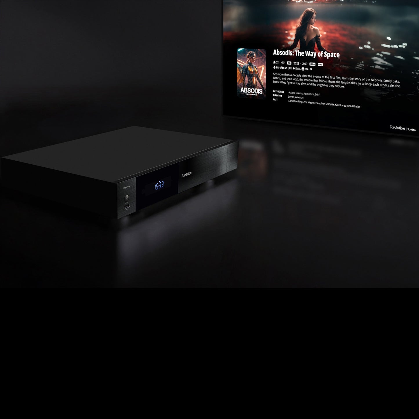 R_volution Playerone on a dark surface with a screen displaying content in the background.
