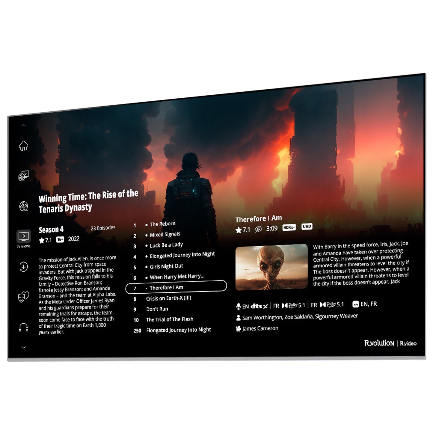 TV screen displaying a media player interface with a dark-themed show or movie, featuring text and a silhouette of a person.