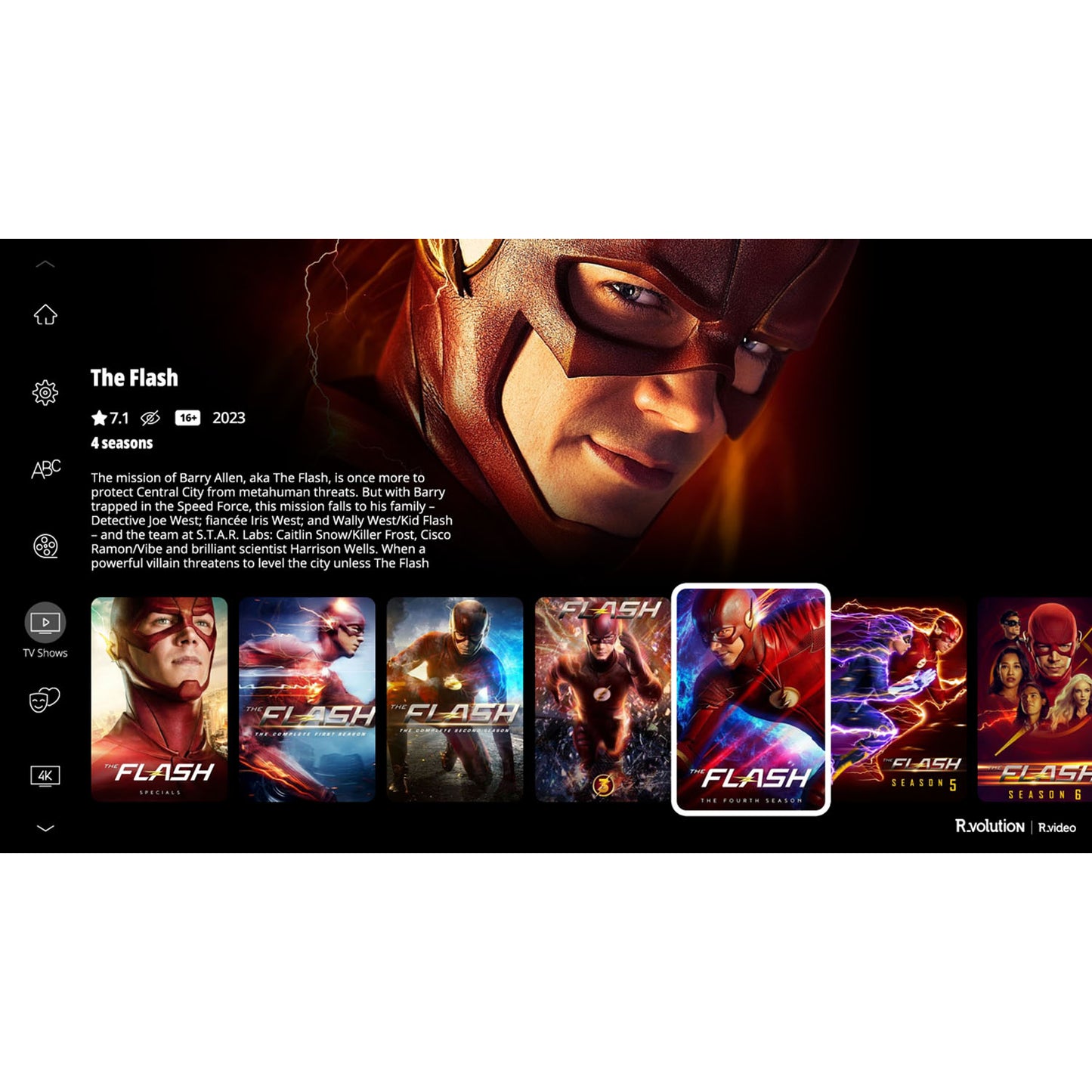 The Flash TV show page with character image and episode thumbnails on a platform interface.