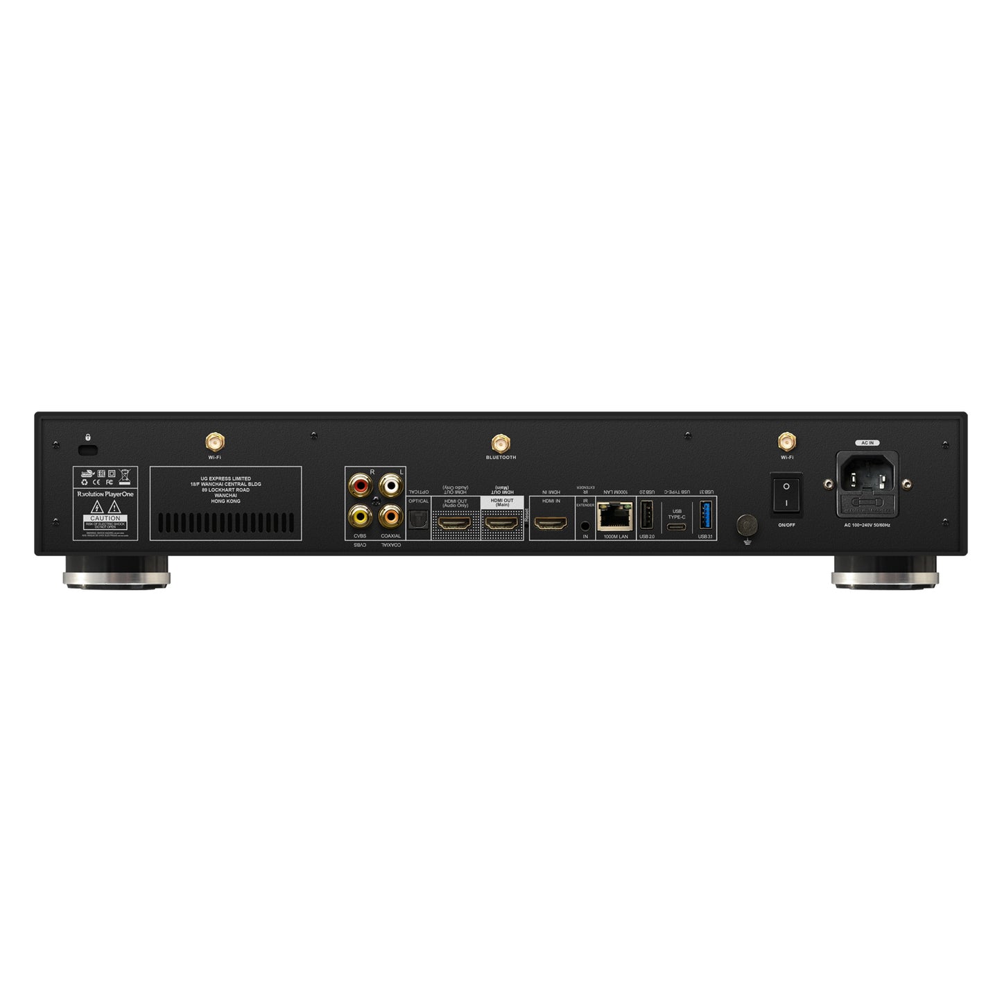 Back view of R_Volution Playerone with various ports on a white background