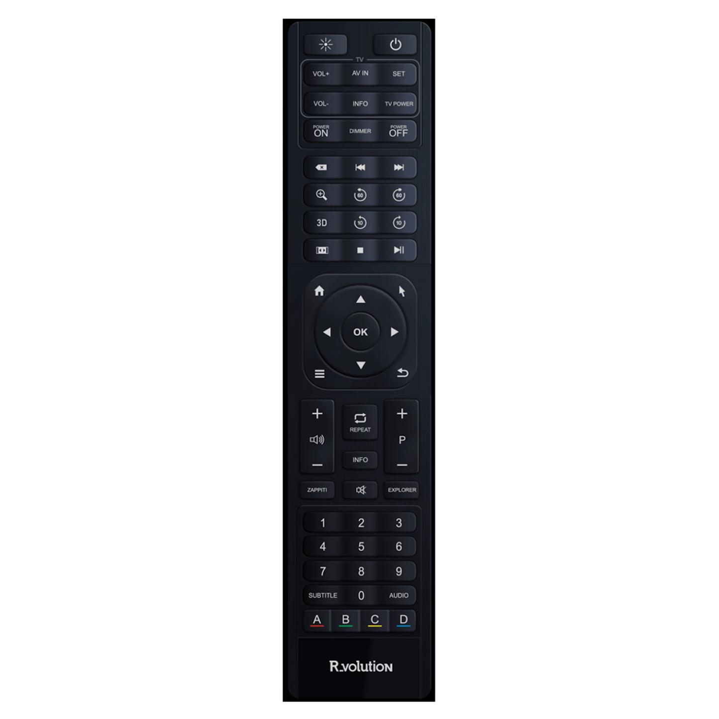 Black remote control with buttons on a white background
