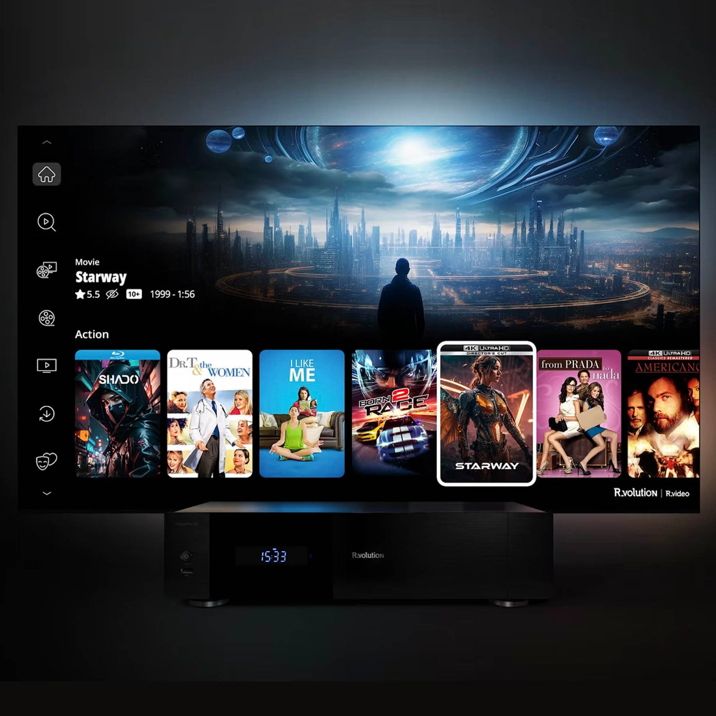 Smart TV displaying a futuristic cityscape with movie thumbnails on a dark background
