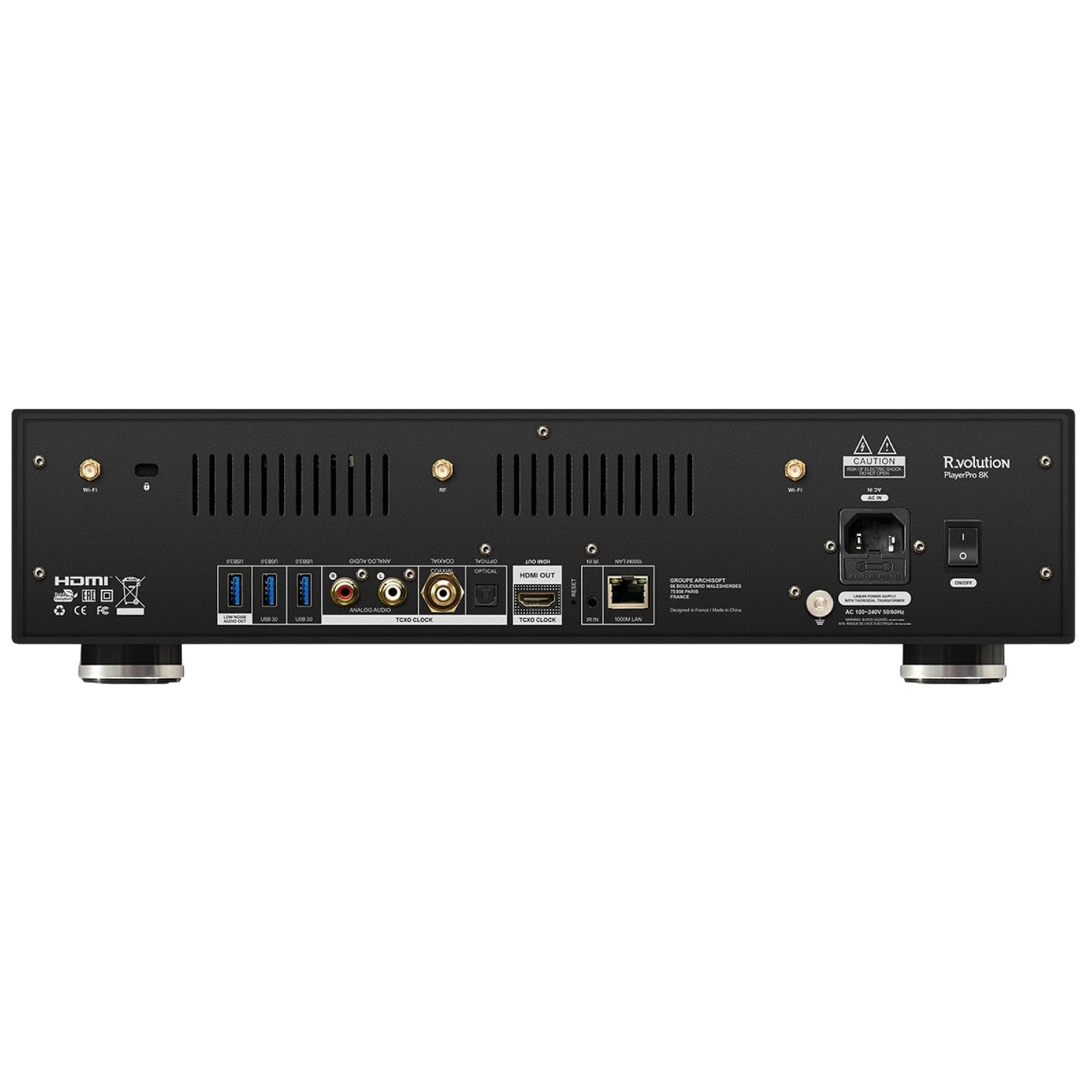 Back view of R_volution PlayerPro 8K Ultra HD Media Player with various ports on a white background