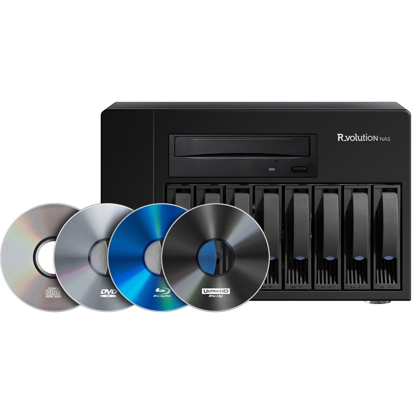R_volution NAS Ultra Media Server with multiple drives and a collection of DVDs on a white background