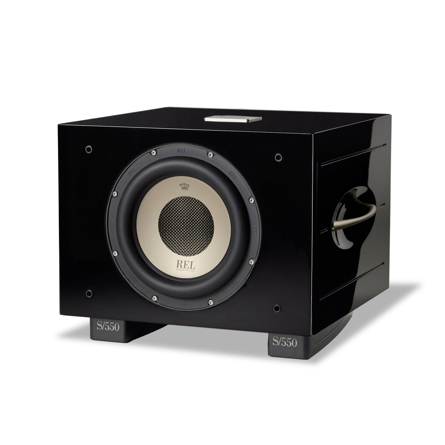 Front angle of black REL S/550 Subwoofer