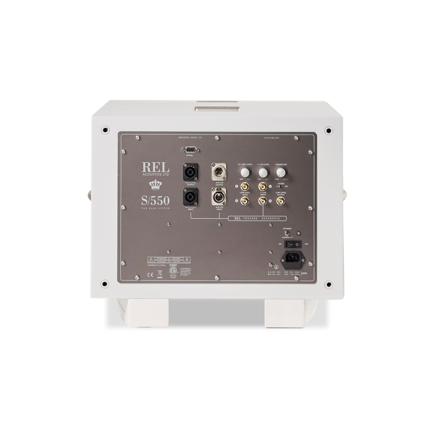 Back panel of a REL S550 speaker on a white background