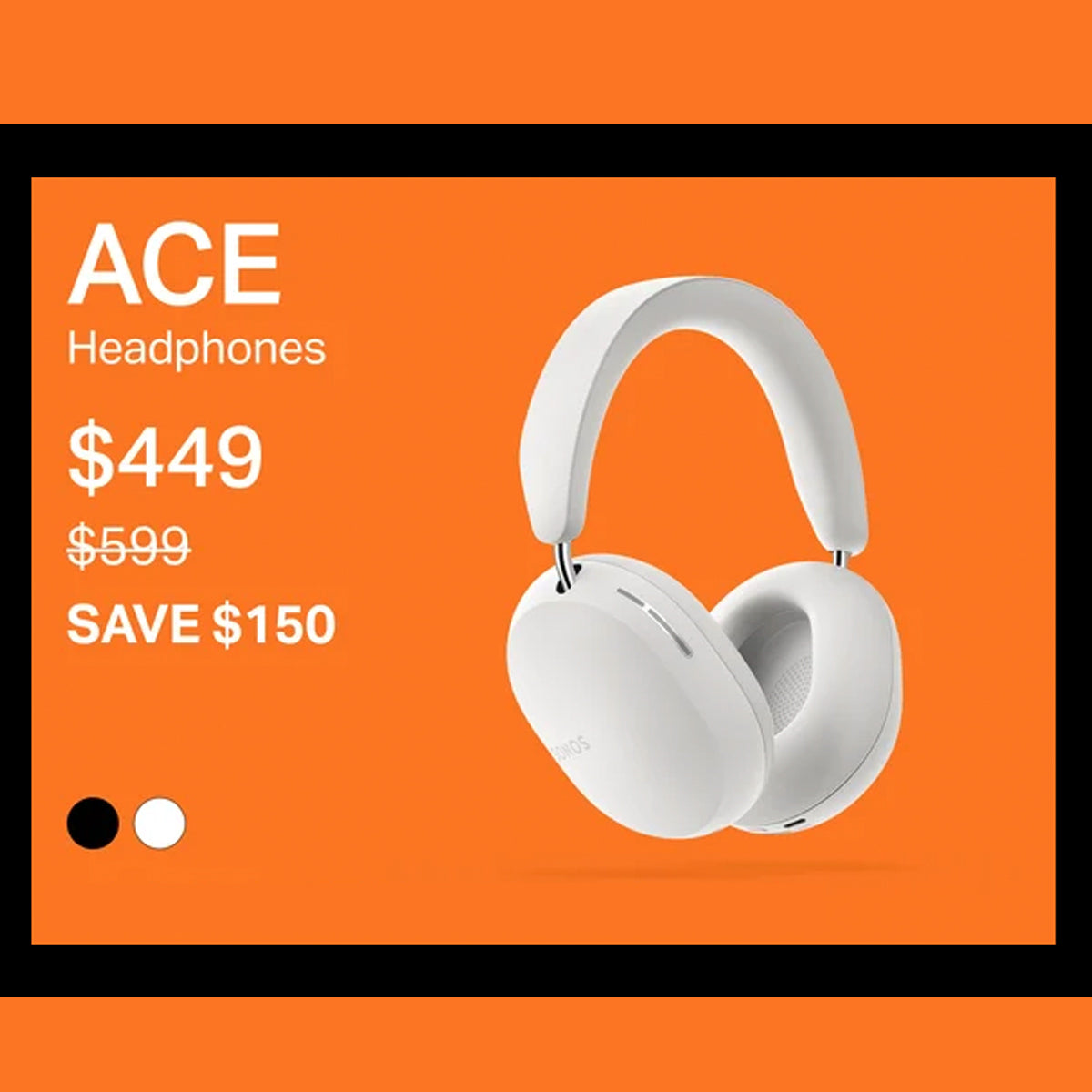 White headphones on an orange background with price and discount information.