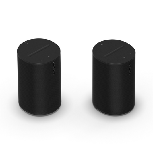 Two black Sonos Era 100 Pro wireless speakers displayed against a white background.