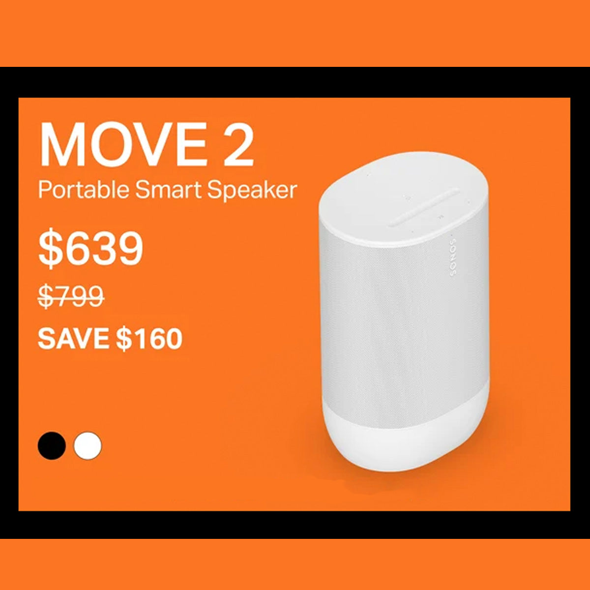 White portable smart speaker on an orange background with pricing information.