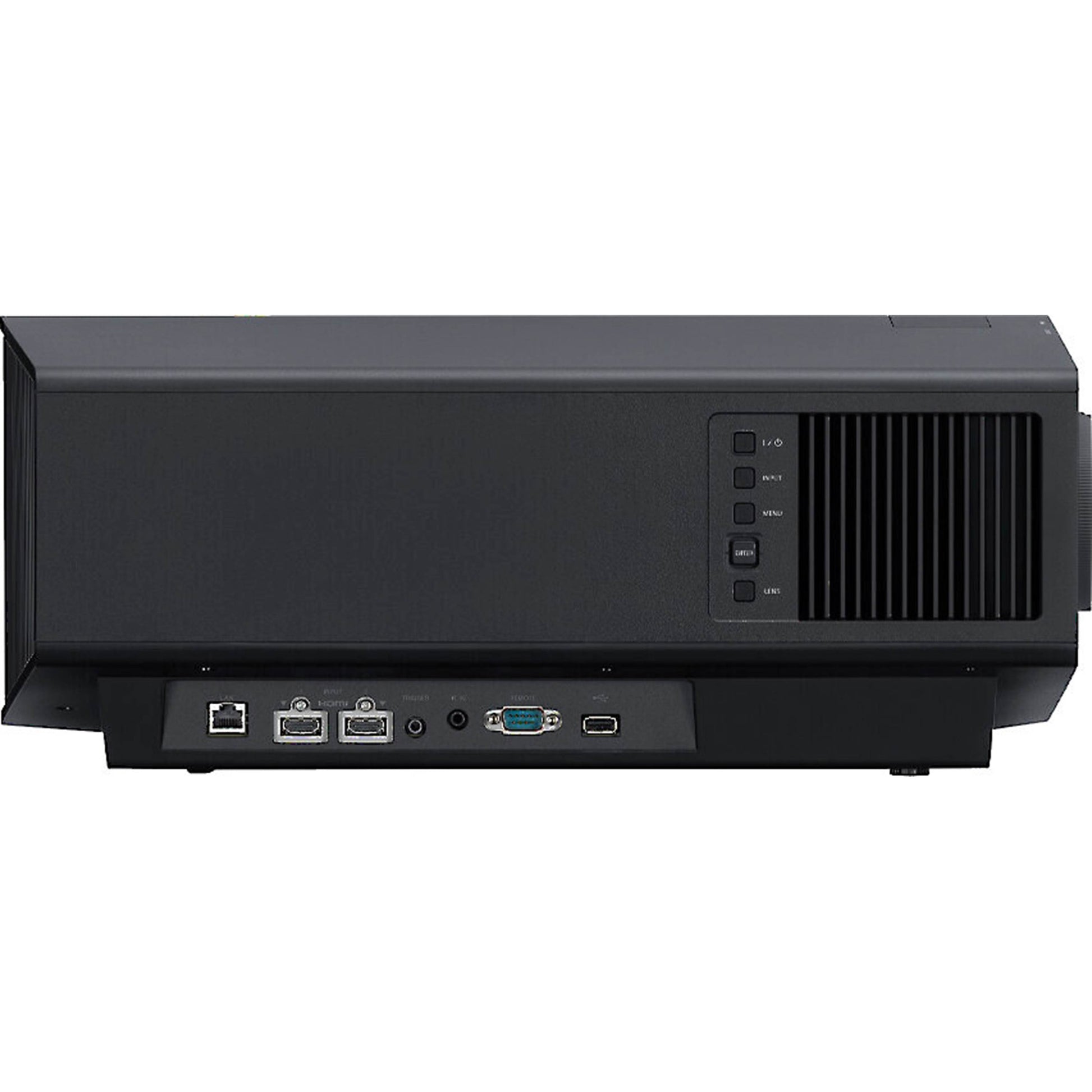 Black computer case with ports on a white background