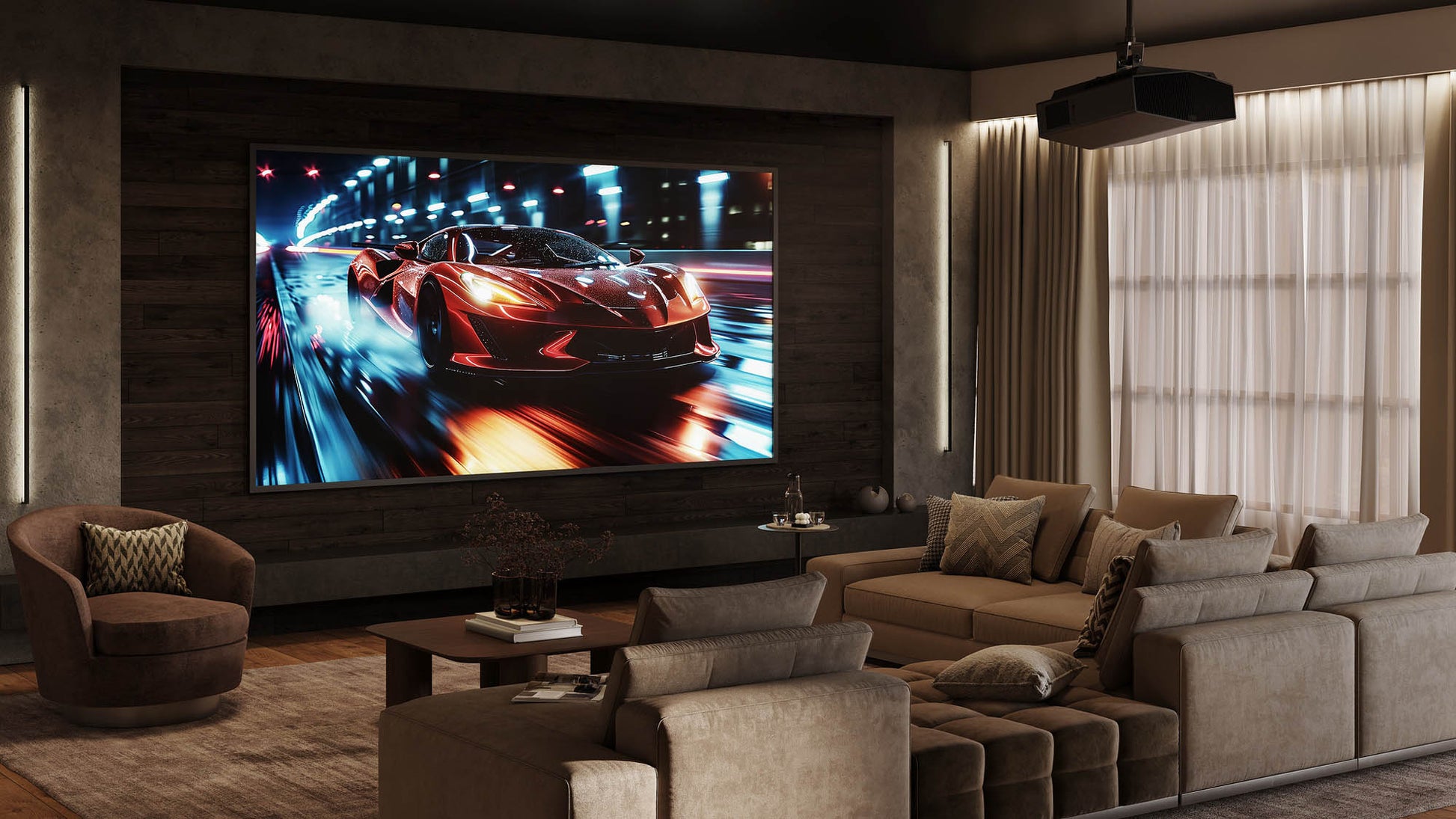 Modern living room with a large screen displaying a car racing.