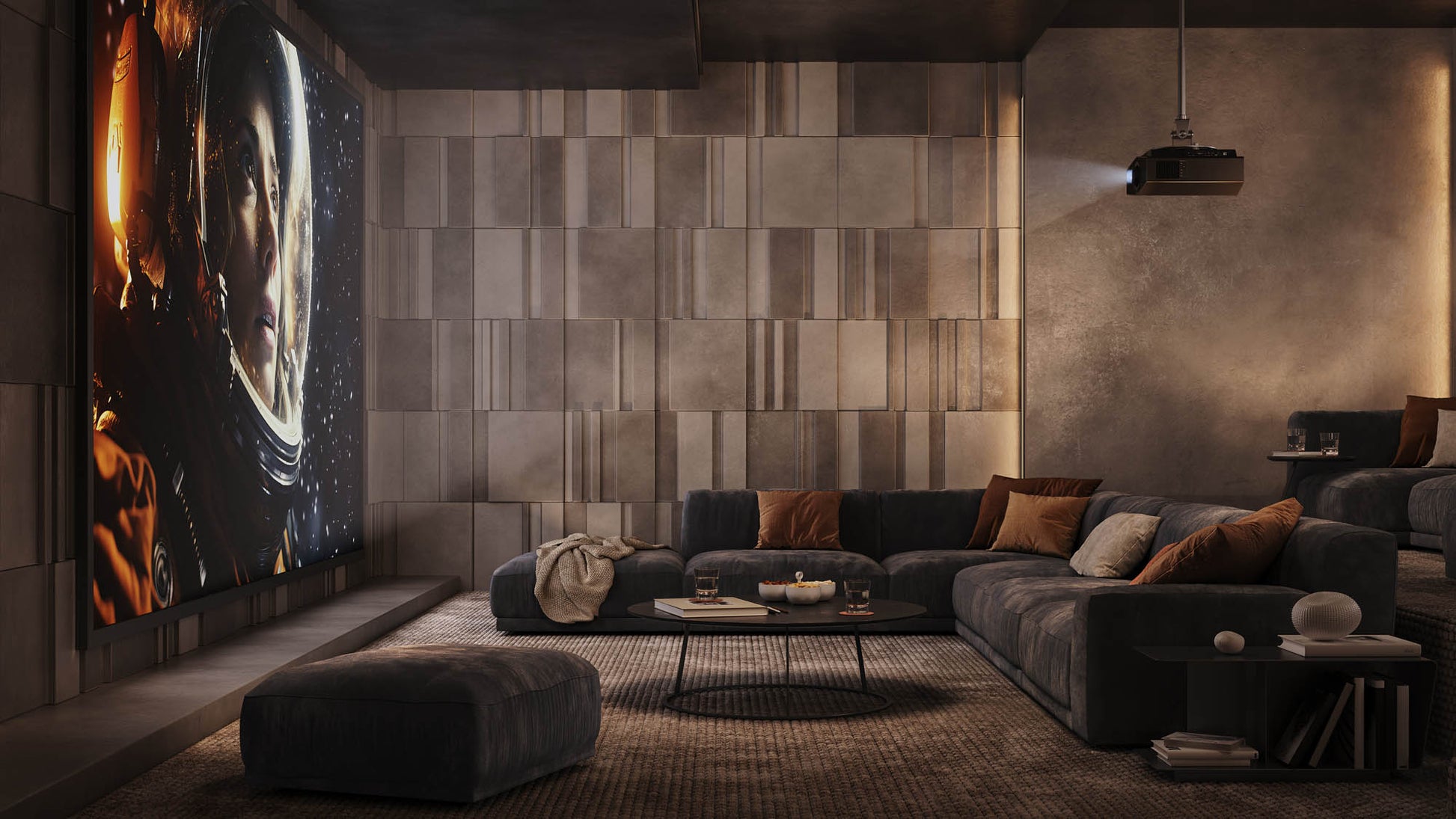 Modern living room with a large movie screen displaying an action scene.