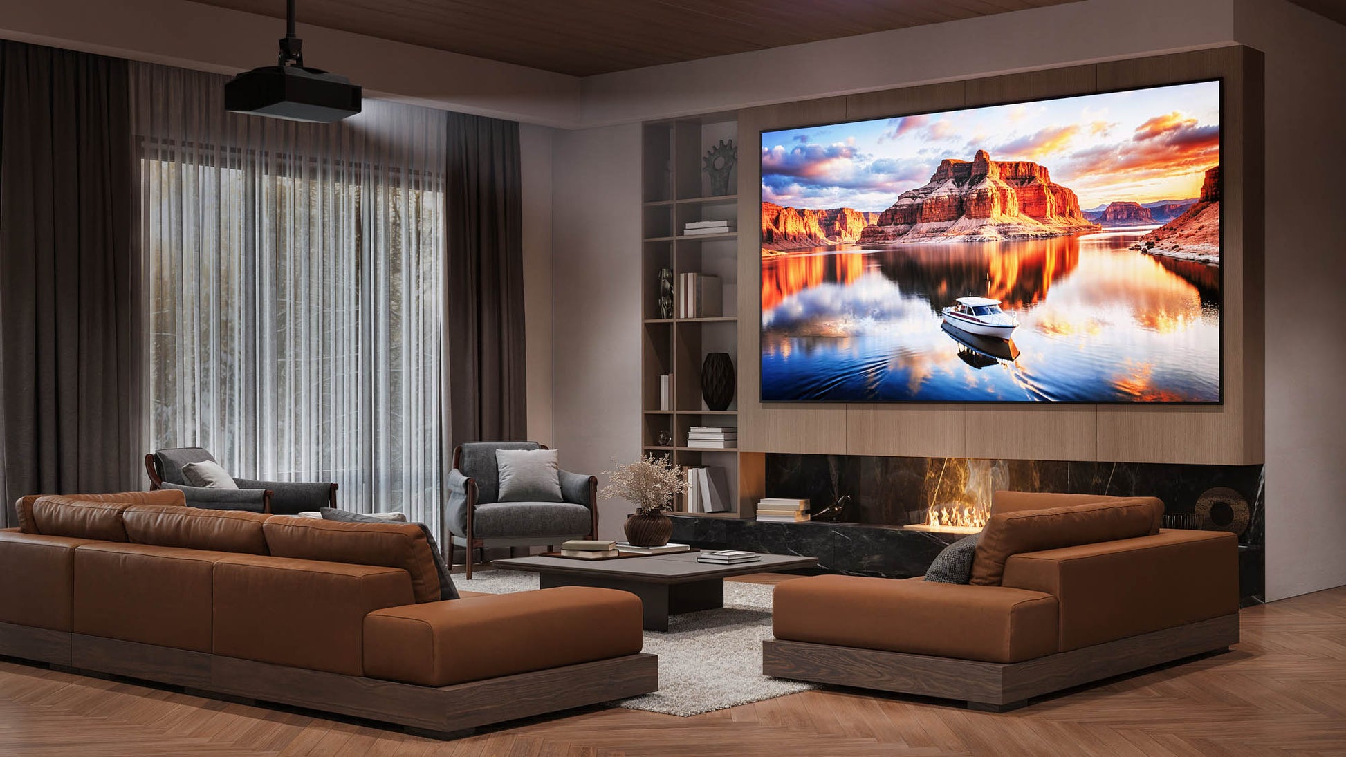 Modern living room with a large TV displaying a scenic landscape, brown sofa, and wooden coffee table.