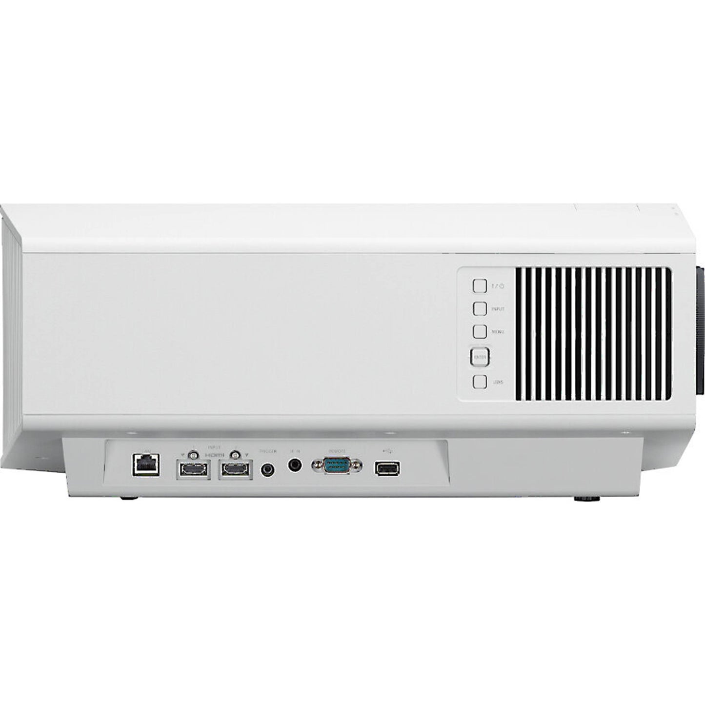 White projector with inputs on a white background