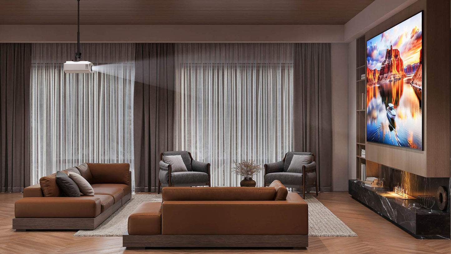 Modern living room with brown sofas, gray armchairs, and a cinema screen.
