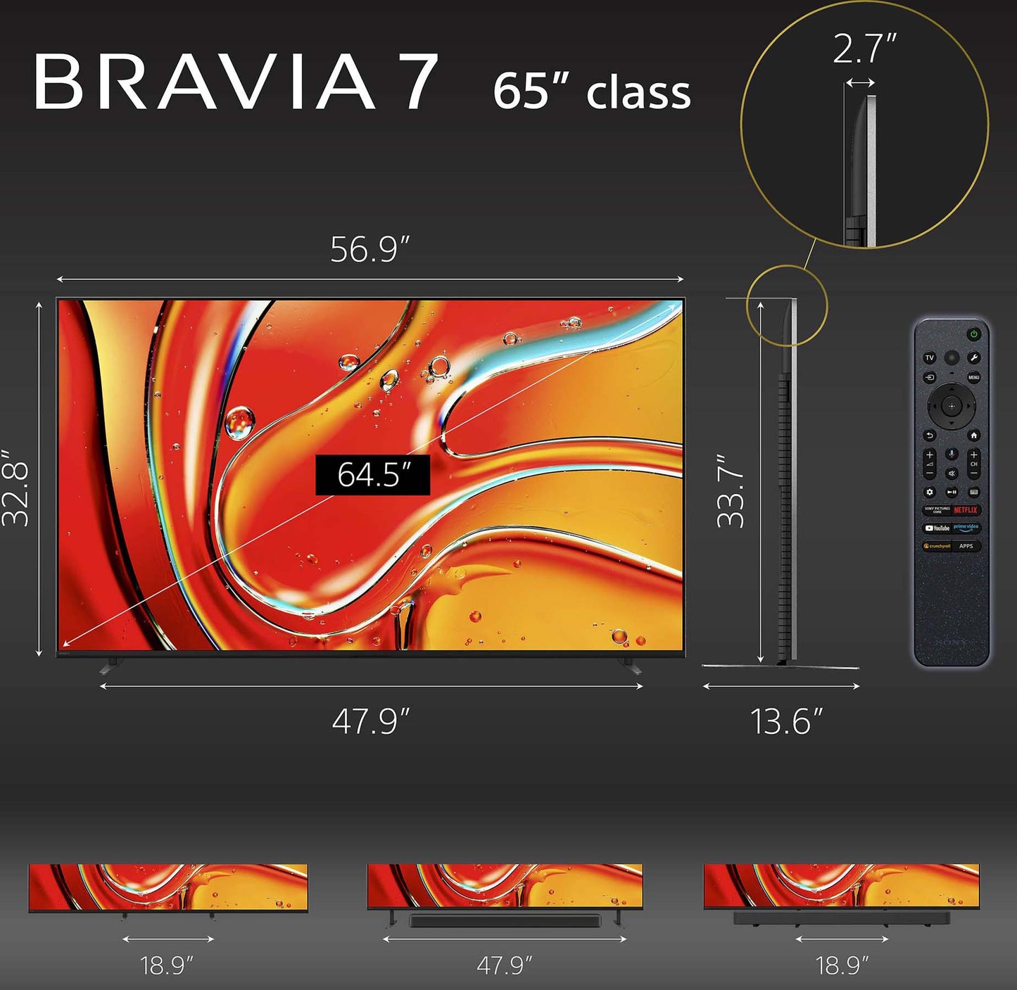 Sony 65" Bravia 7 4K Ultra HD Mini LED Smart TV - Dimensions
