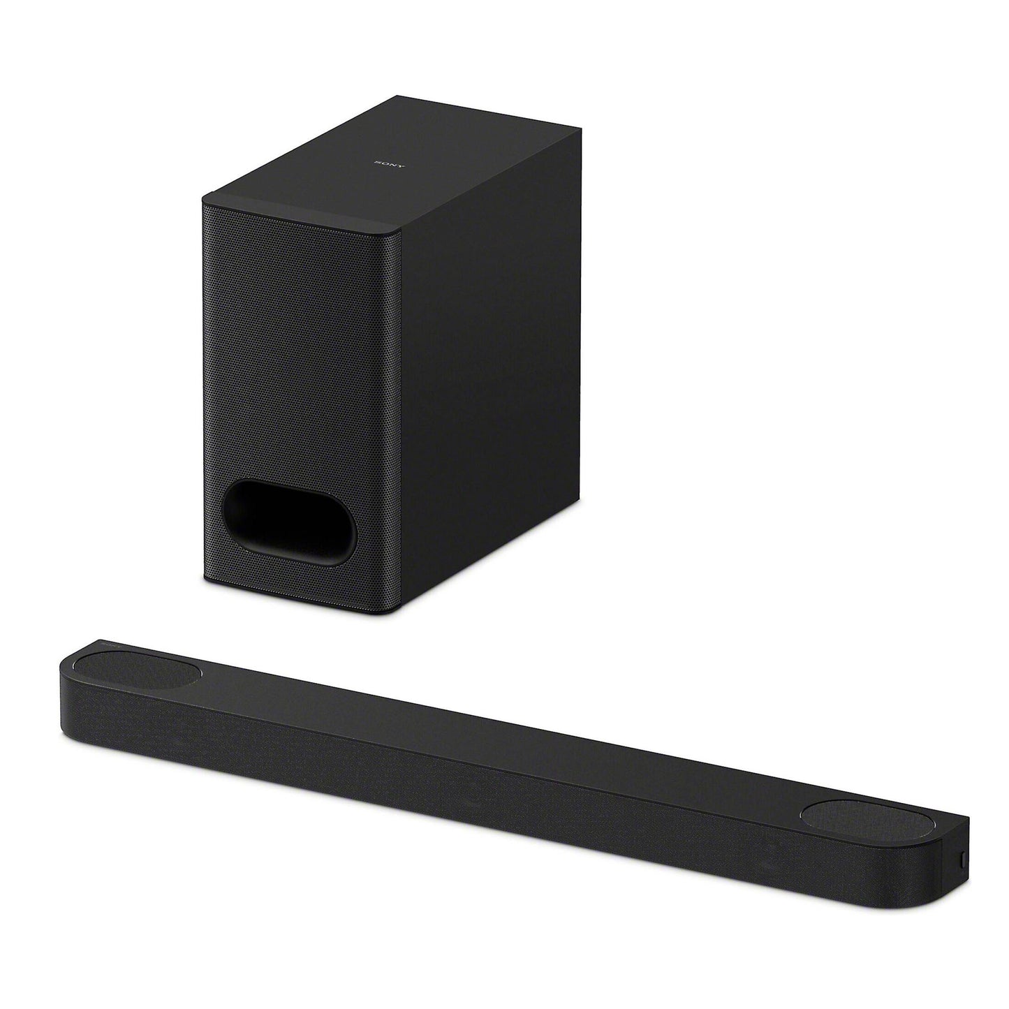 Black soundbar and subwoofer on a white background
