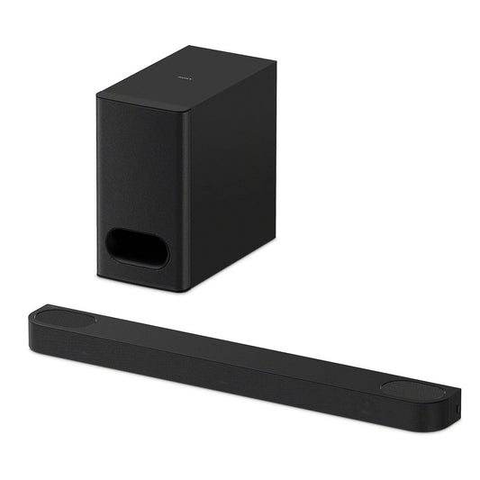 Black soundbar and subwoofer on a white background