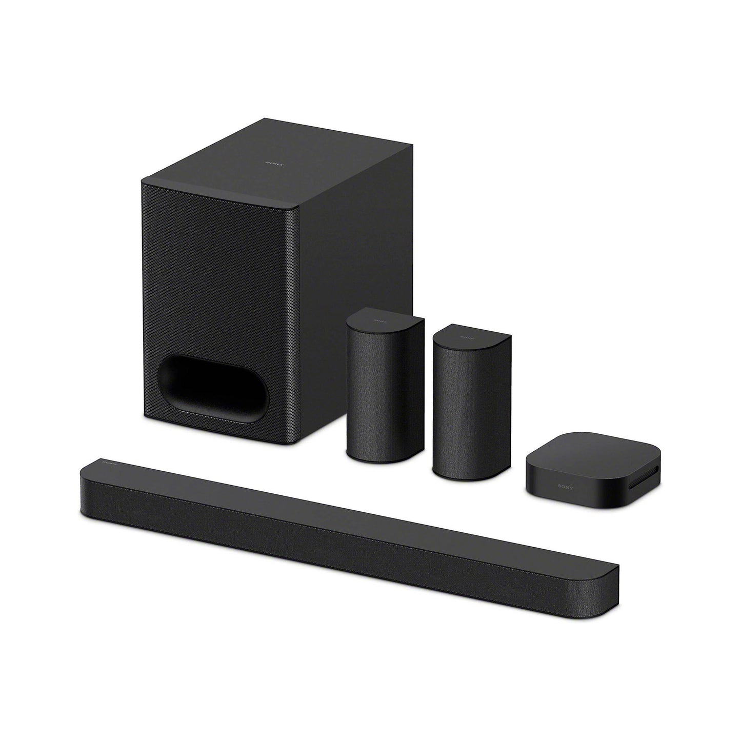 Black home theater speaker system with subwoofer, satellite speakers, and soundbar on a white background