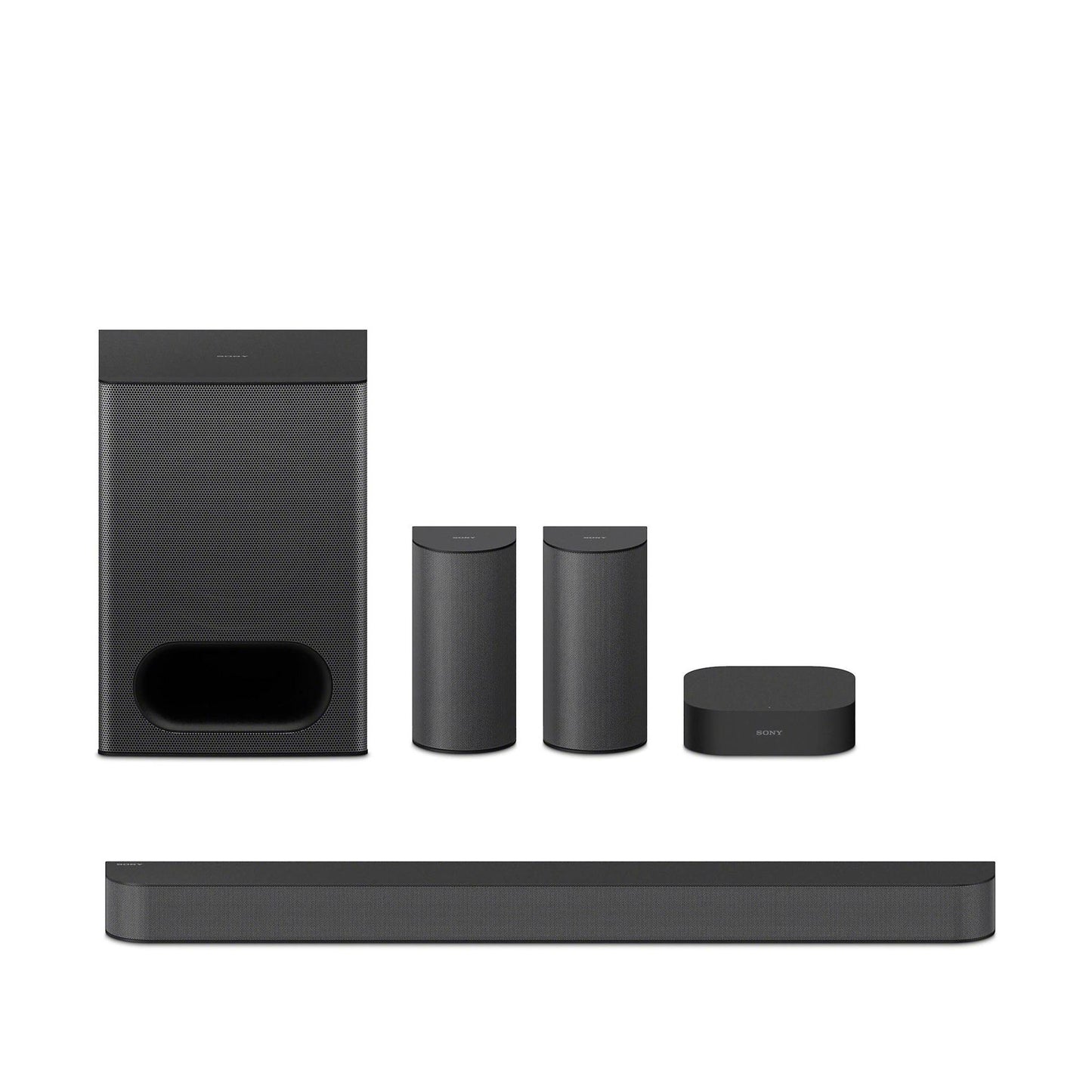 Black home theater speaker system on a white background