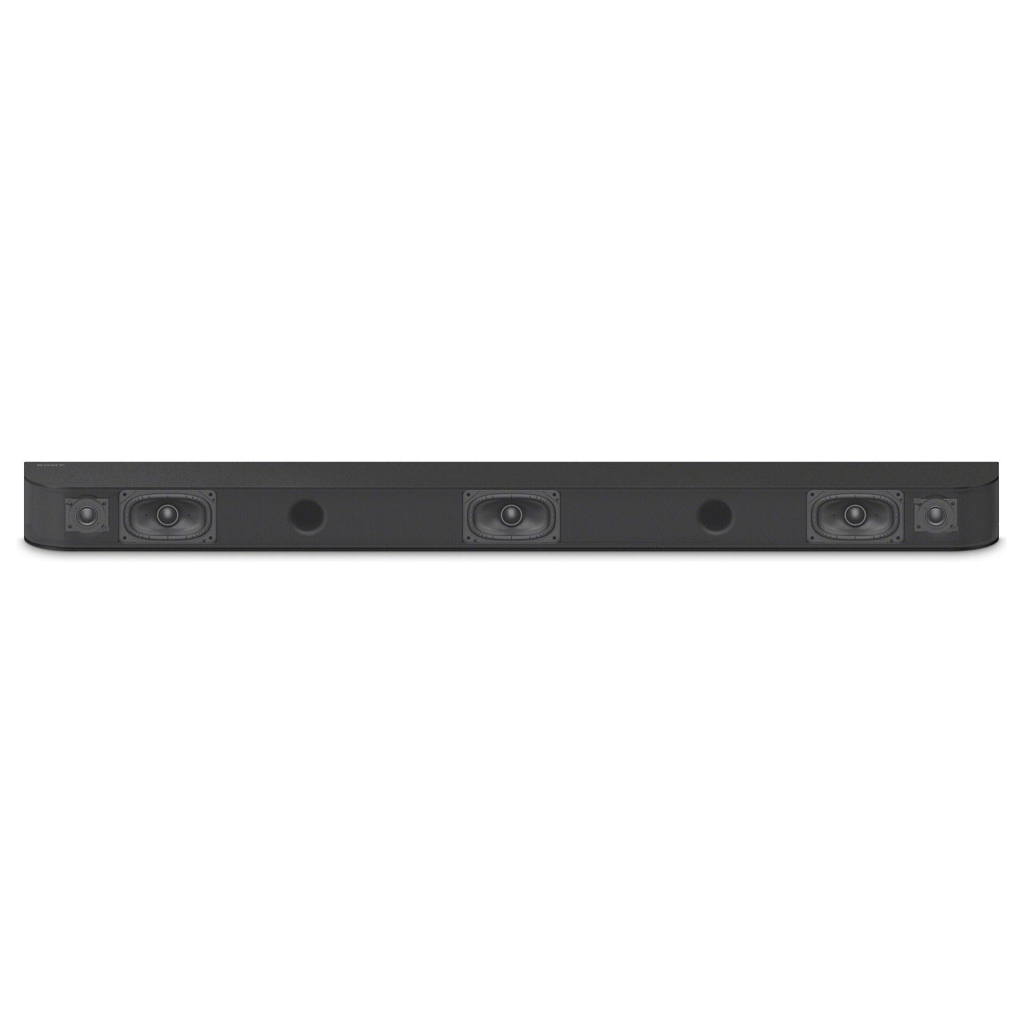 Black soundbar with multiple speakers on a white background