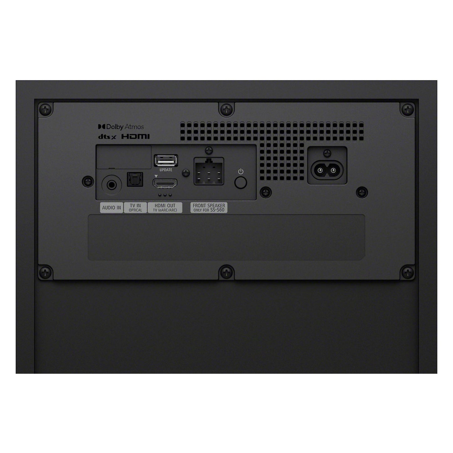 Back view of a black electronic device with connectivity ports on a white background