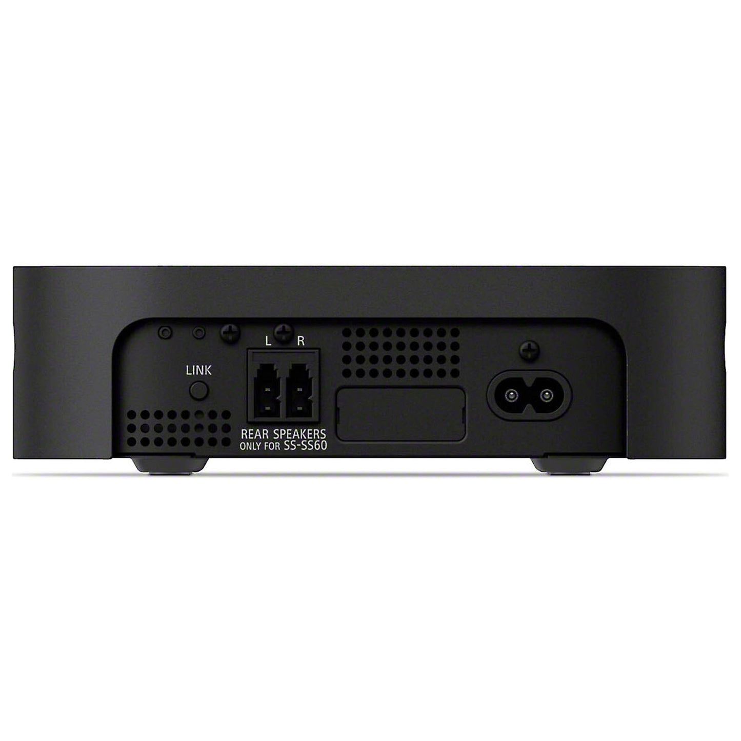 Back view of a black electronic device with ports on a white background