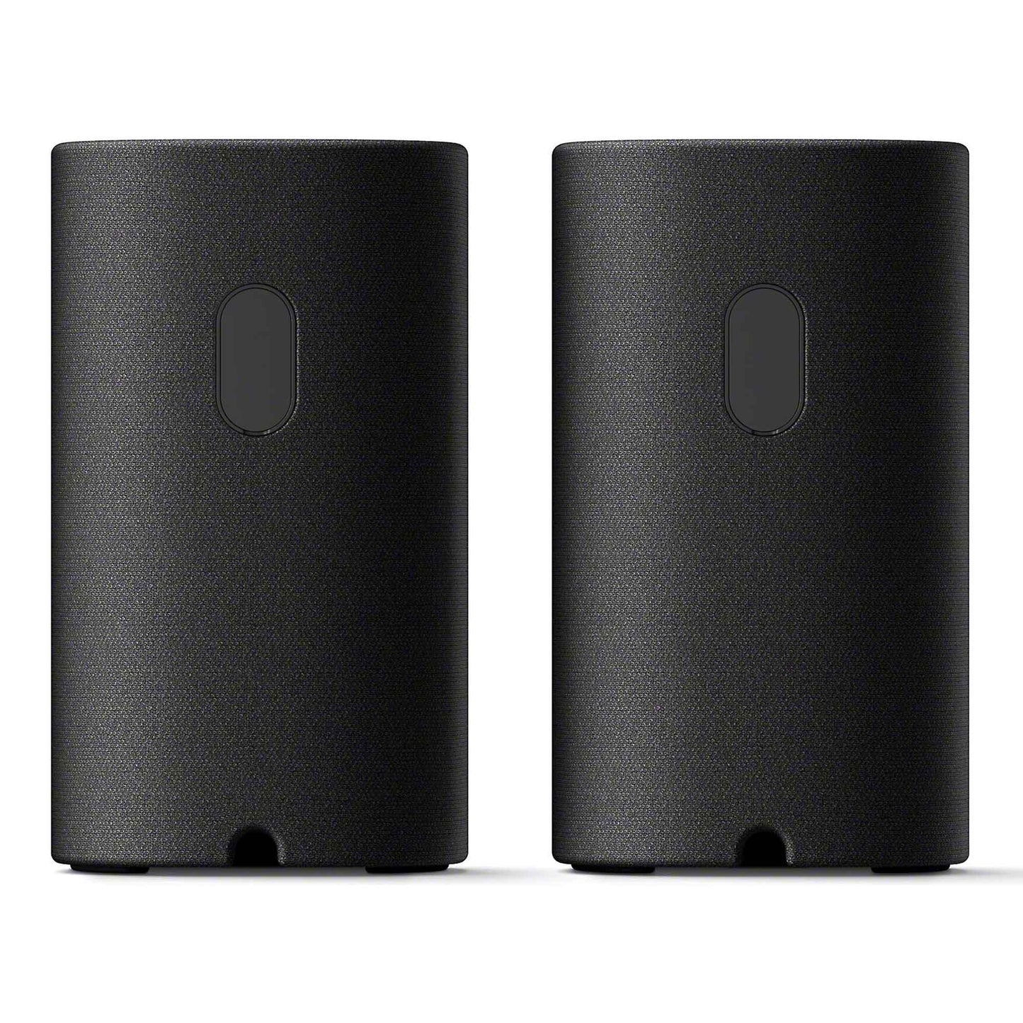 Two black cylindrical speakers on a white background