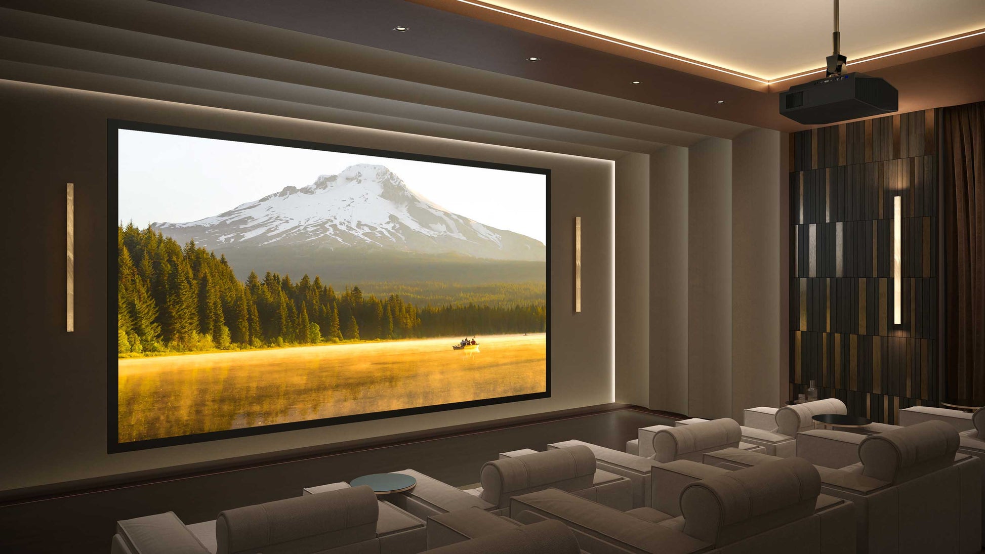 Sony Bravia Projector 8 Projector ceiling mounted in cinema room with white cinema chairs and screen.