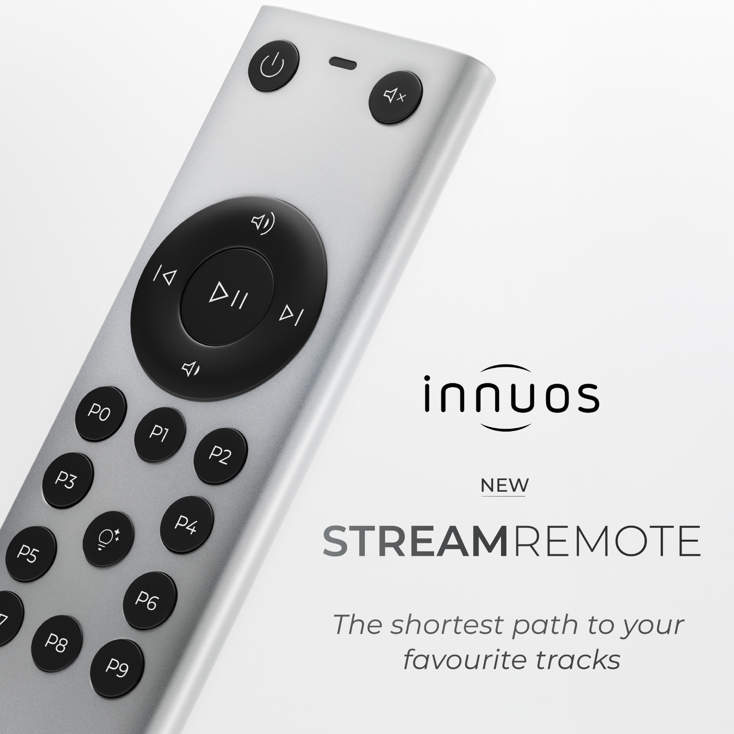 Close up of Innuos Stream Remote Control on light grey background