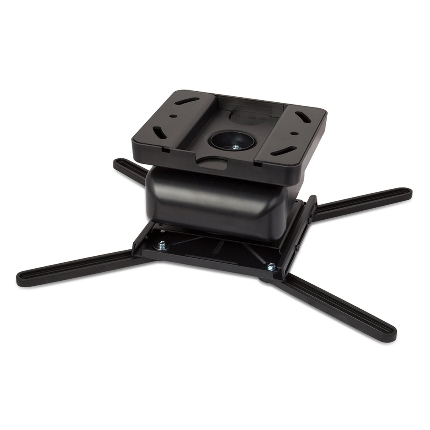 A black projector ceiling bracket with long mounting arms and a square base with screw holes.