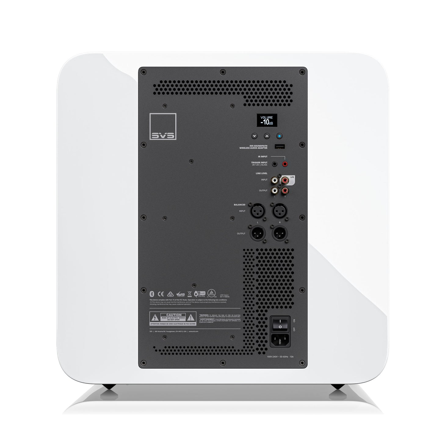 Back view of a white SVS SB-5000 subwoofer with control panel on a white background