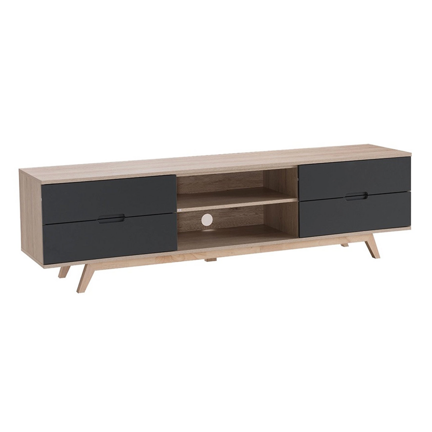 Wooden TV stand with black drawers on a white background