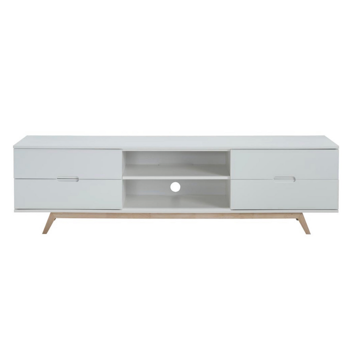 White TV stand with wooden legs on a white background